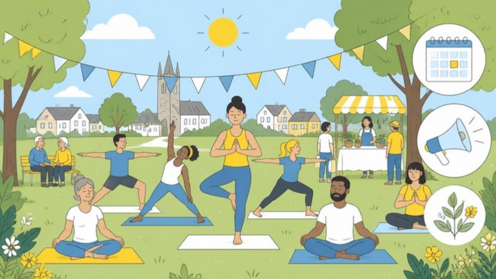 Illustration of an outdoor community yoga class in a park with bunting and a calendar
