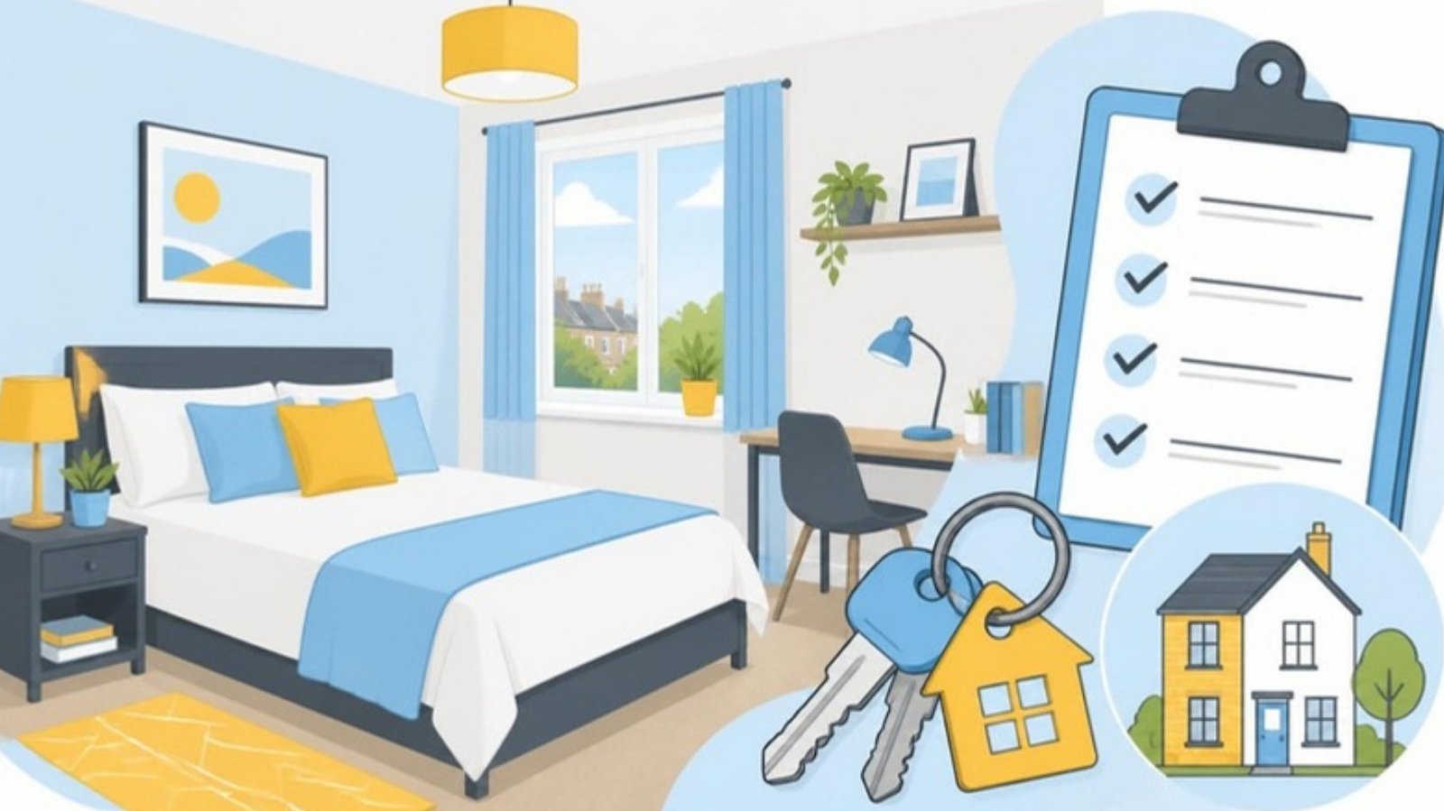 Illustration of a bright rented double room with house keys and a ticked checklist