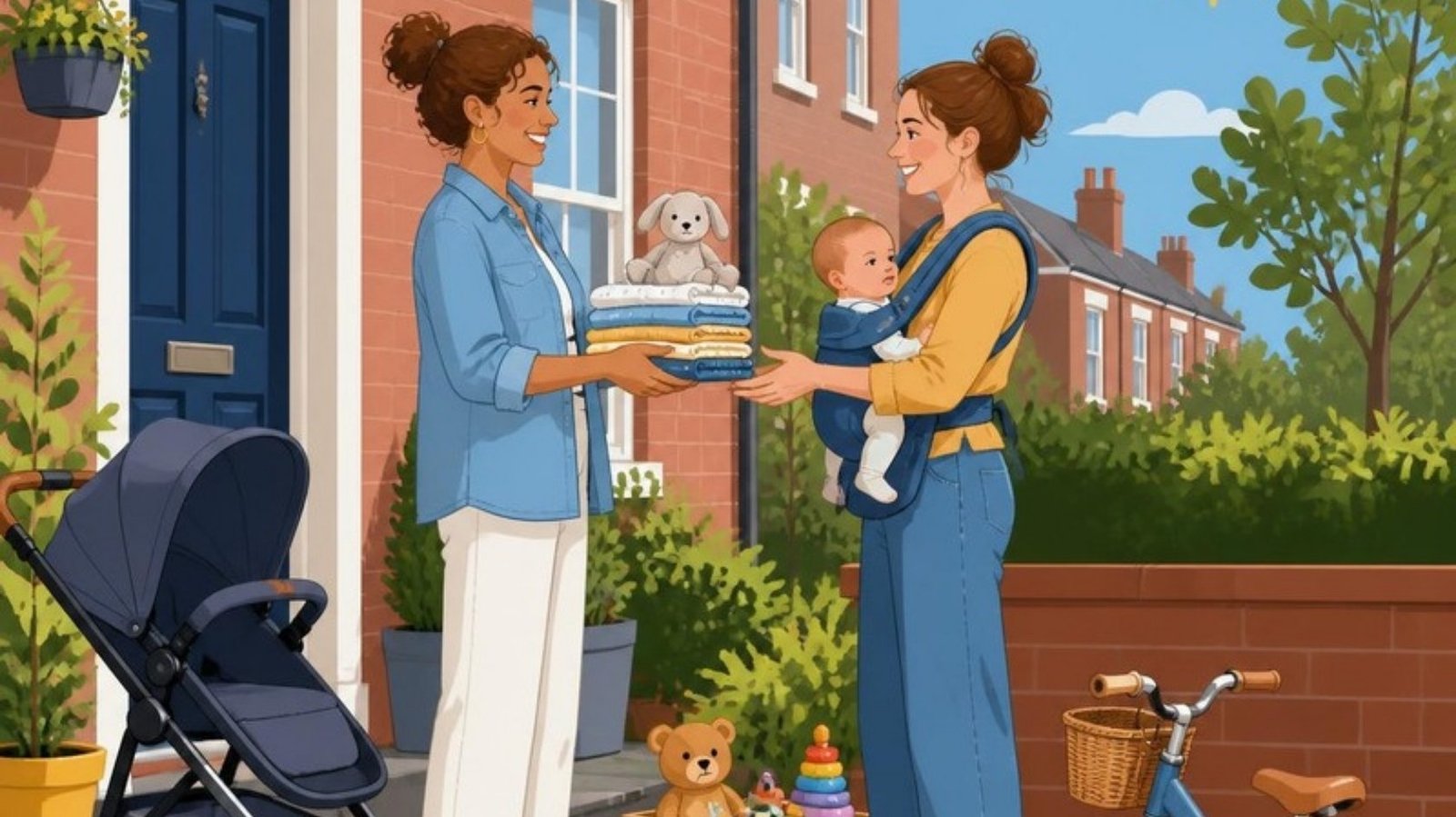 Illustration of a parent handing a pile of baby clothes to another parent carrying a baby, outside a terraced house with a pushchair, a toy box and a balance bike