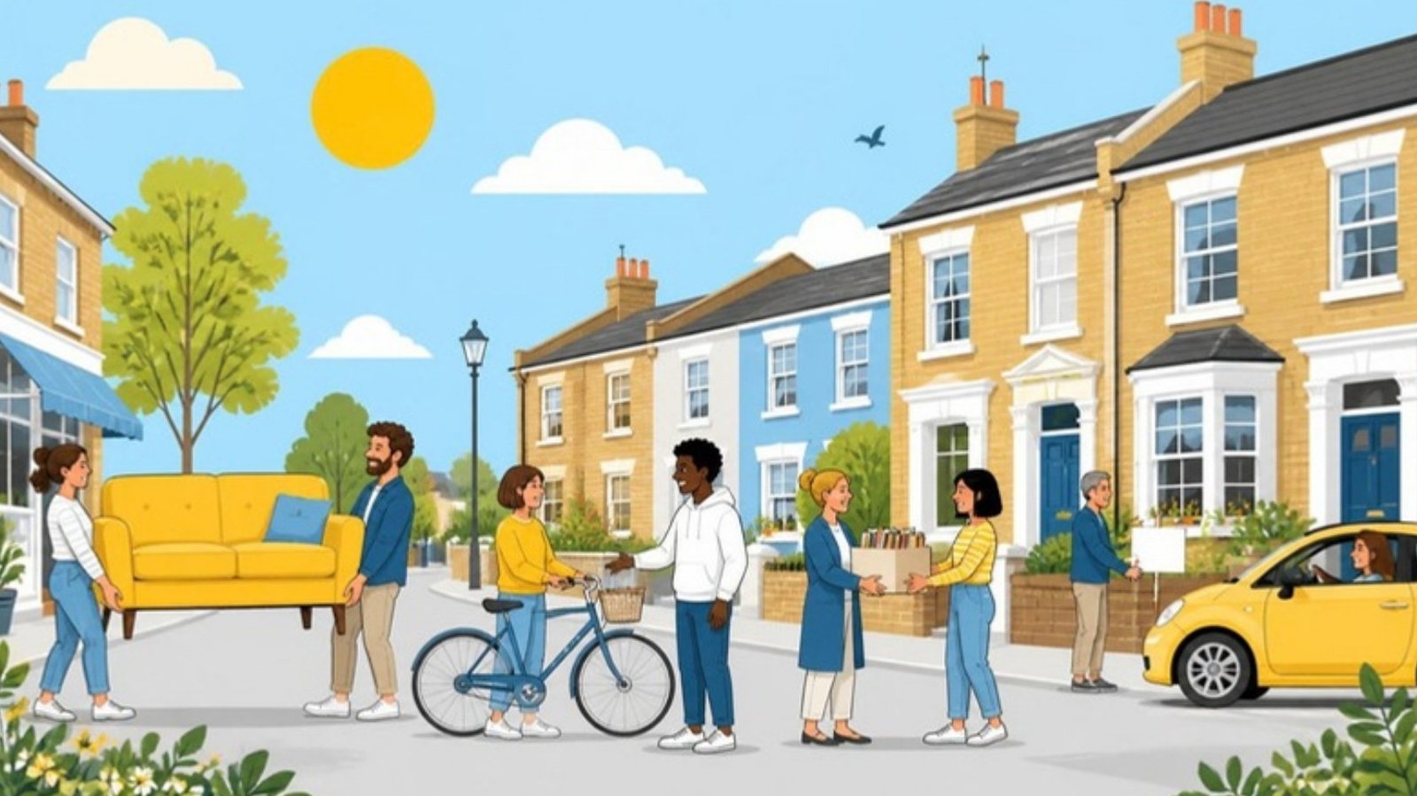 Illustration of neighbours buying and selling a sofa, bike and books on a sunny UK high street