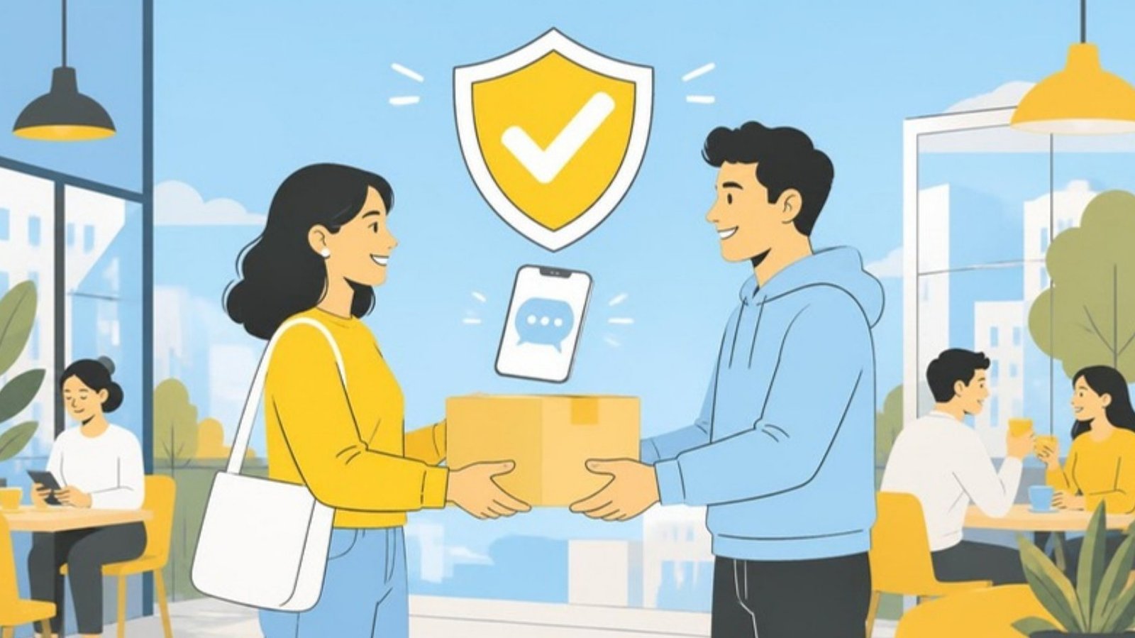 Illustration of two people safely handing over a parcel in a busy cafe, with a shield and tick