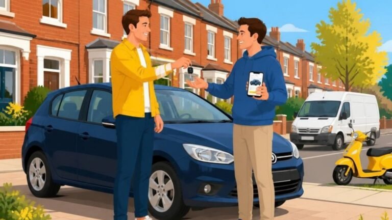Illustration of a seller handing car keys to a buyer beside a used hatchback on a street of terraced houses, with a van and a scooter parked nearby