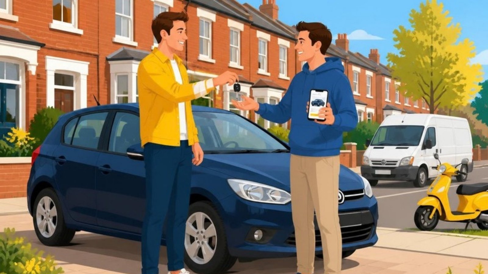 Illustration of a seller handing car keys to a buyer beside a used hatchback on a street of terraced houses, with a van and a scooter parked nearby