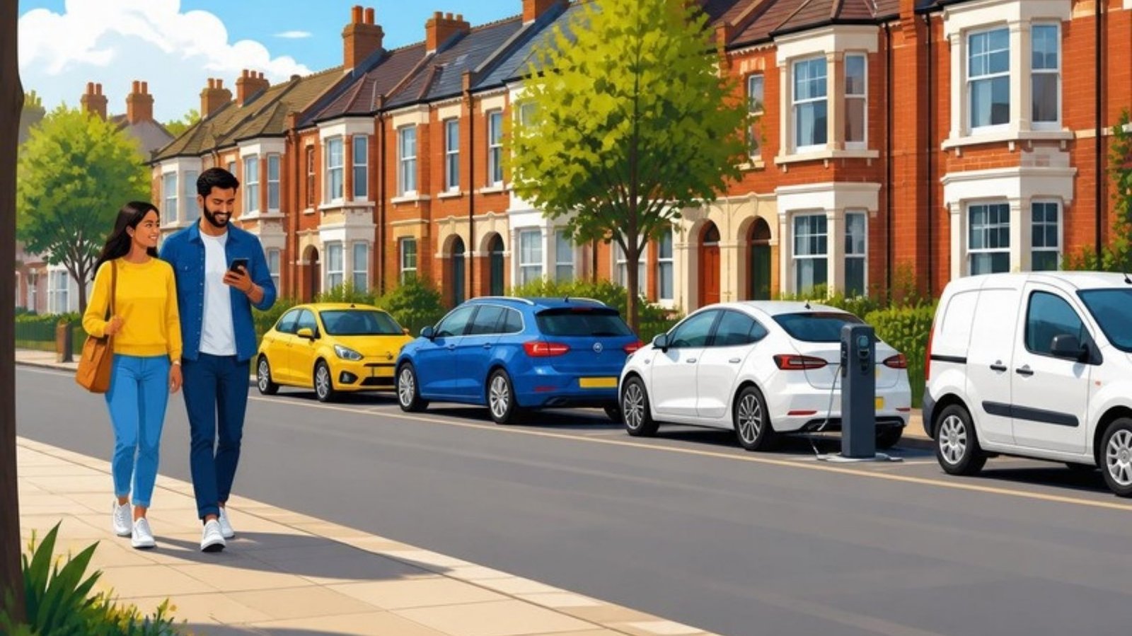 Illustration of a couple walking past used cars parked on a sunny residential street, including a hatchback, a family car, an electric car at a charging point and a van