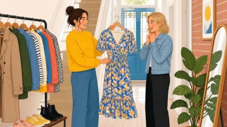 Illustration of a seller showing a patterned dress on a hanger to a buyer in a hallway, with a clothes rail of coats and a rack of shoes