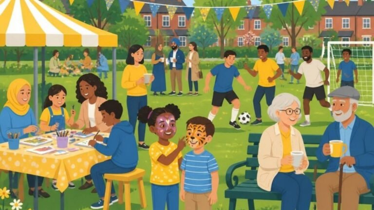 Illustration of neighbours enjoying a community fun day in a park, with a craft table, a football game, face painting and an older couple on a bench