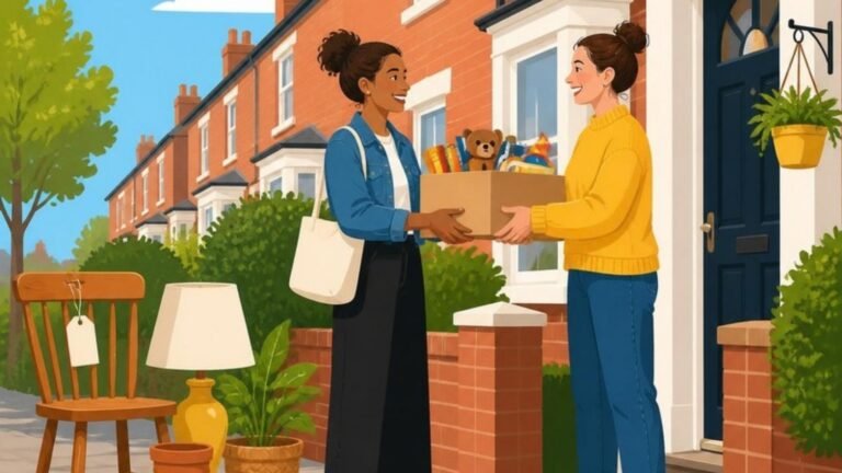 Illustration of a neighbour handing a box of books and toys to another neighbour outside a terraced house, with a chair, lamp and plants left out for collection