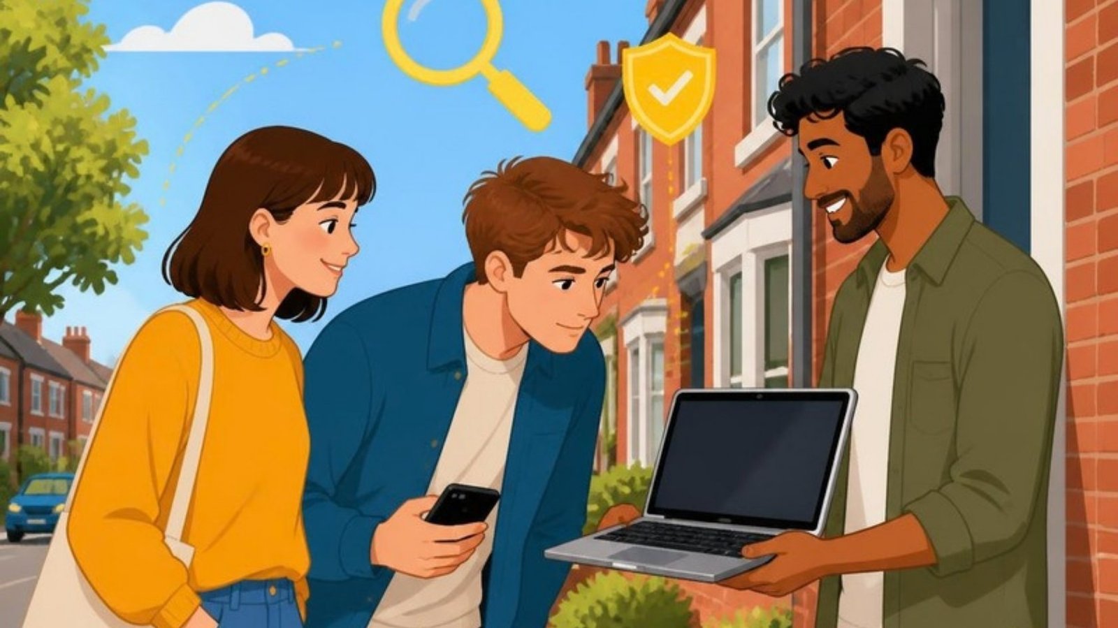 Illustration of a buyer and a friend checking a second-hand laptop held by the seller at a doorstep, with a magnifying glass and a safety shield icon