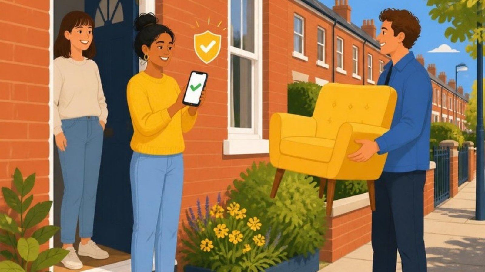Illustration of a seller at her front door checking a payment on her phone while a buyer waits to collect an armchair, with a friend standing in the doorway
