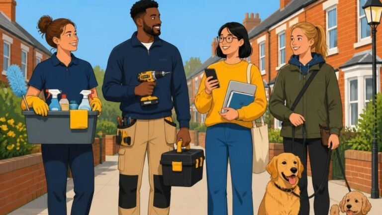 Illustration of four local self-employed workers, a cleaner, a handyman, a tutor and a dog walker, standing together on a street of terraced houses