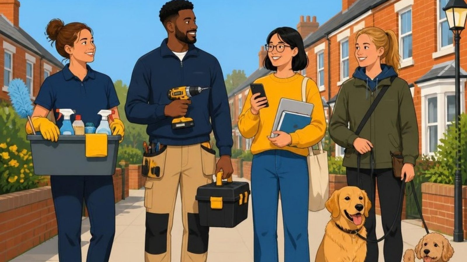 Illustration of four local self-employed workers, a cleaner, a handyman, a tutor and a dog walker, standing together on a street of terraced houses