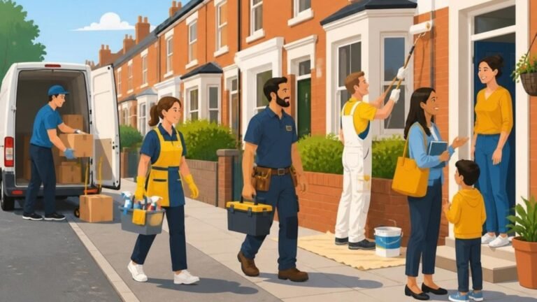 Illustration of local service providers, including a cleaner, a plumber, a decorator and a man with a van, working on a street of terraced houses