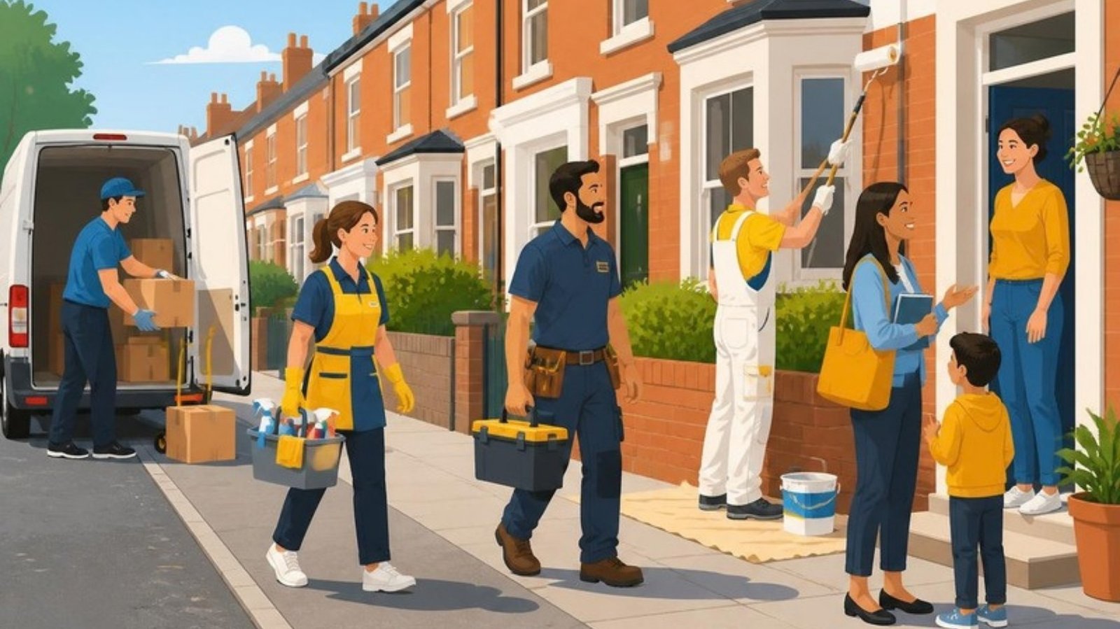 Illustration of local service providers, including a cleaner, a plumber, a decorator and a man with a van, working on a street of terraced houses