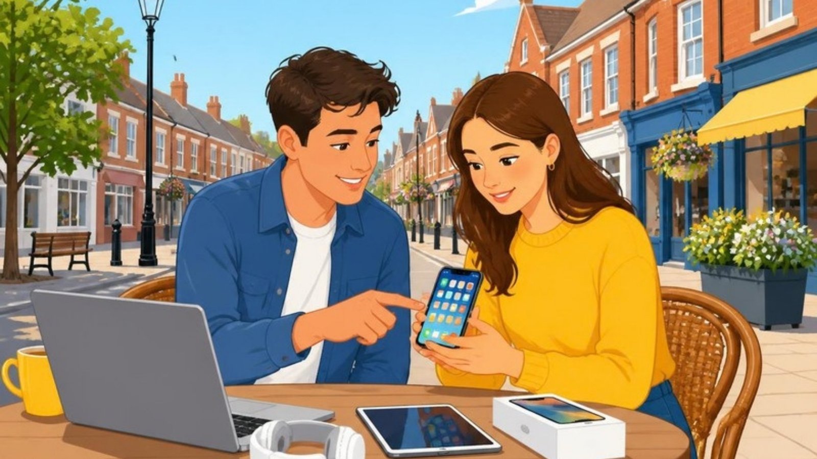 Illustration of a buyer checking a smartphone with the seller at a café table on a high street, with a laptop, tablet and headphones on the table