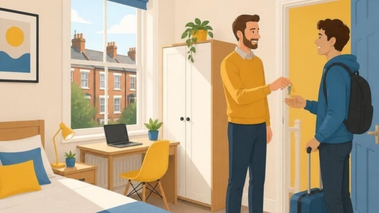 Illustration of a landlord handing keys to a new tenant with a suitcase in the doorway of a bright double room