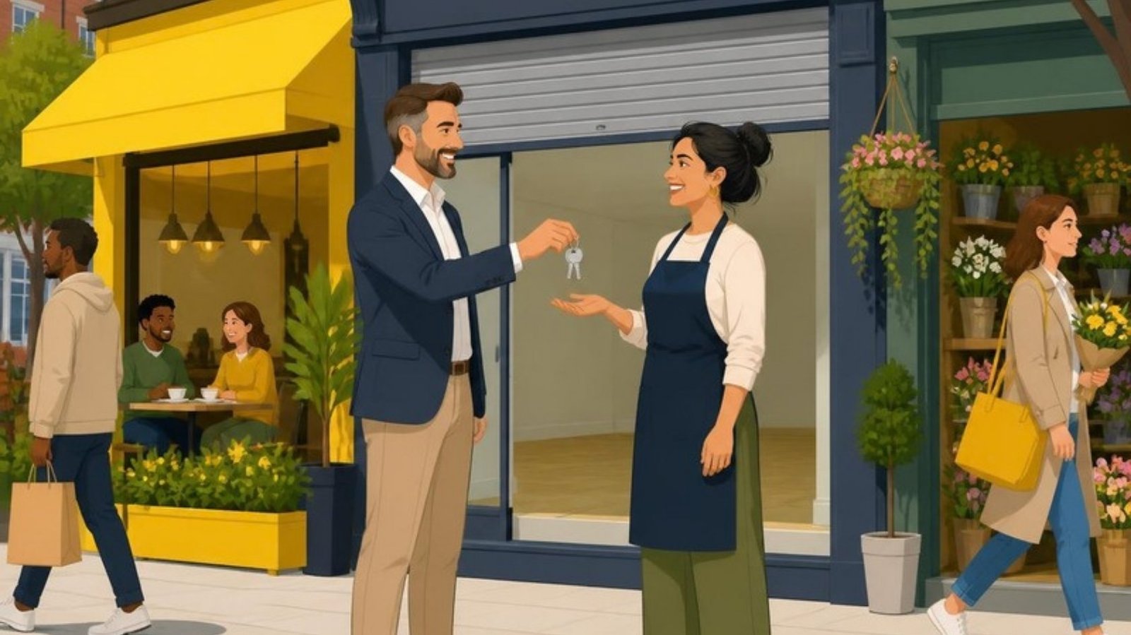 Illustration of a landlord handing keys to a new business owner outside an empty shop unit on a high street parade, next to a café and a florist
