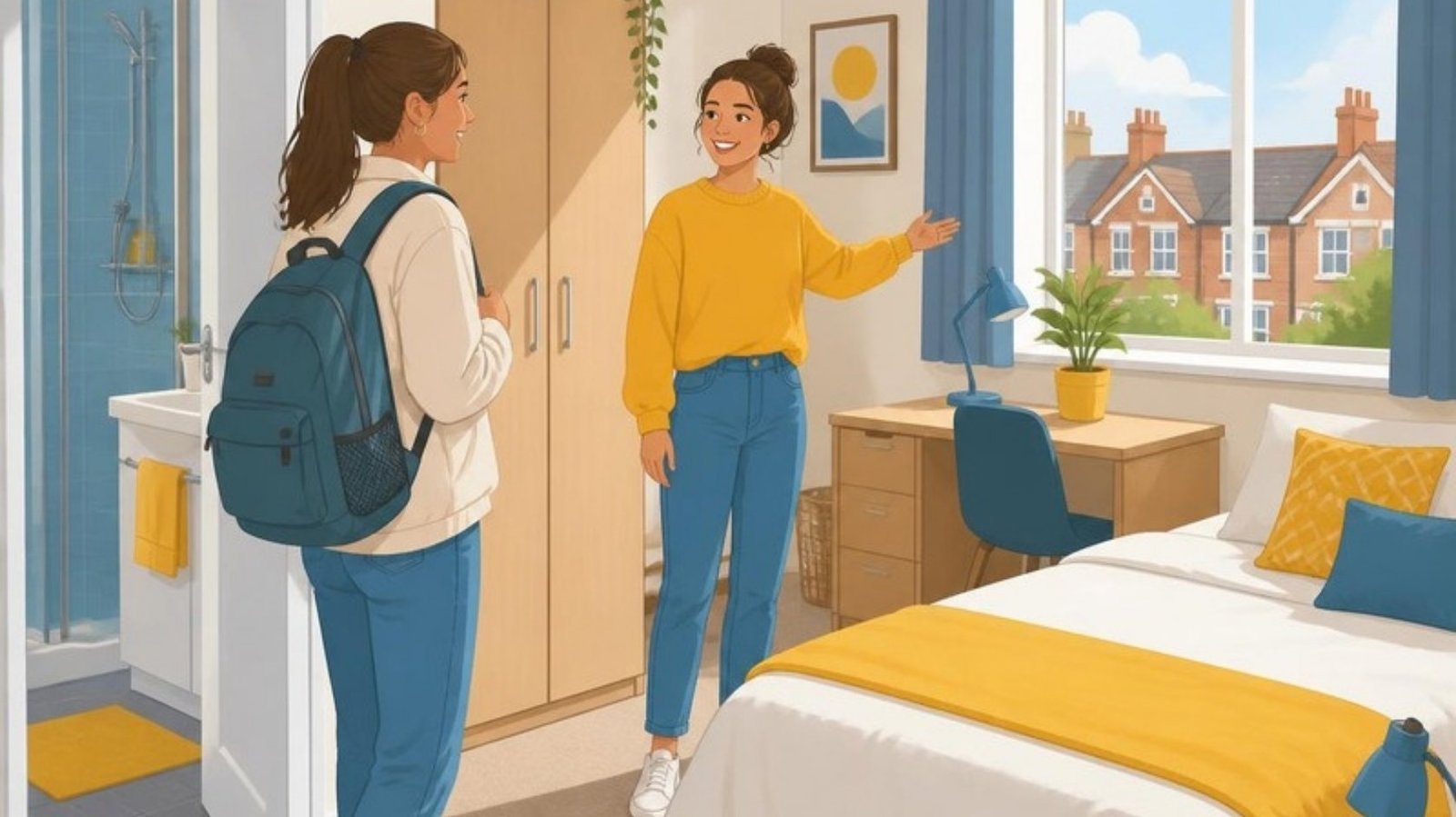 Illustration of a housemate showing a young woman with a rucksack around a bright double room with a desk, wardrobe and en-suite shower room