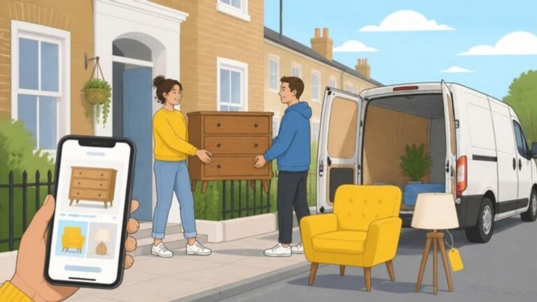 Illustration of a seller handing a chest of drawers to a buyer loading a van outside a UK terraced house