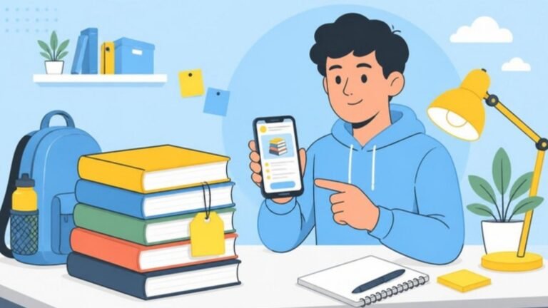 Illustration of a student selling used textbooks with a price tag and a phone listing