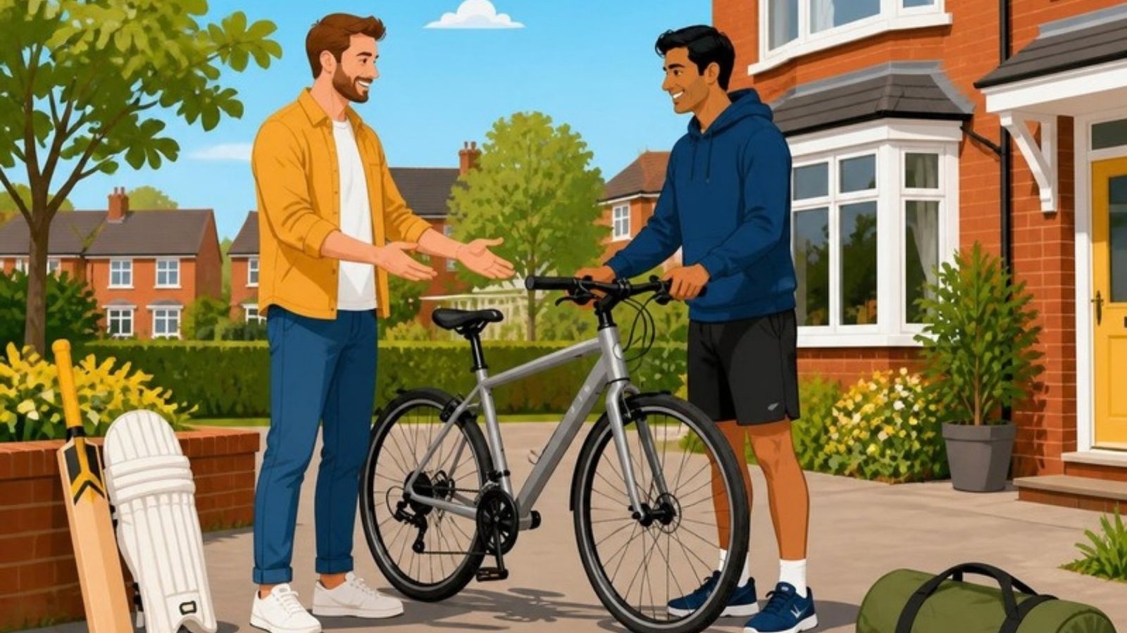 Illustration of a seller showing a bike to a buyer on a sunny driveway, with a cricket bat, pads and a kit bag nearby